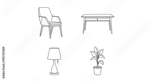 Minimalist line art illustrations of essential household furniture and decor. Includes an armchair, table, lamp, and potted plant, ideal for interior design and graphic projects
