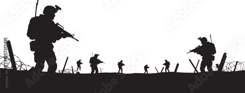 Powerful silhouette of military personnel standing on a desolate, war-torn landscape amidst barbed wire, capturing the stark reality of conflict and defensive operations