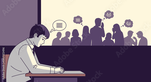 Amidst a lively social backdrop, a pensive individual confronts personal challenges and the silent pressure of comparison, highlighting inner stress