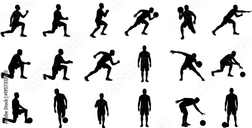 Collection of black silhouettes of soccer players in various actions