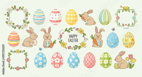 Easter holiday celebration with decorated eggs, bunnies, flowers, and butterflies, perfect for spring greetings and seasonal decorations