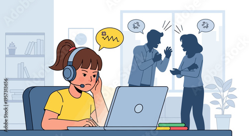 Child distressed by parents' argument, seeking solace through online communication with headset and laptop