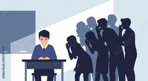Isolated schoolboy sitting alone at a desk, ostracized by shadowy figures, depicting bullying and social exclusion in an educational setting