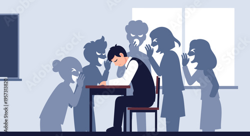 The negative impact of bullying on a student's mental health and well-being in a school environment, depicting social isolation and emotional distress