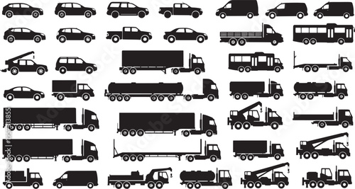 Comprehensive collection of black silhouette vehicle icons and illustrations, showcasing various cars, trucks, and vans for diverse transportation design projects