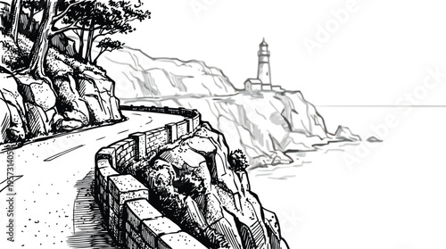Captivating hand-drawn illustration of a winding coastal road leading towards a distant lighthouse perched on rugged cliffs above the serene ocean