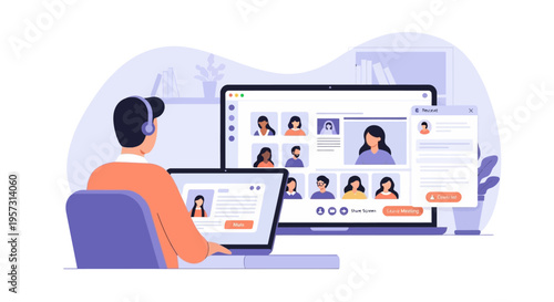 Professional engaged in a virtual video conference from a home office, utilizing multiple screens for online meetings and remote team collaboration