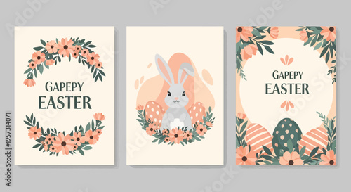 Gapepy Easter greeting cards featuring whimsical bunnies, blooming flowers, and festive Easter eggs with a soft, pastel color palette