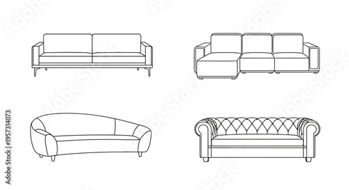 Various types of sofas and couches are depicted in a clean, minimalist line art style, showcasing different furniture designs