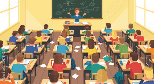 Engaging classroom atmosphere with a dedicated teacher at the blackboard, inspiring a room full of diverse students through interactive learning and knowledge sharing