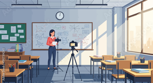 A teacher records an online lesson in a classroom with a whiteboard and video camera