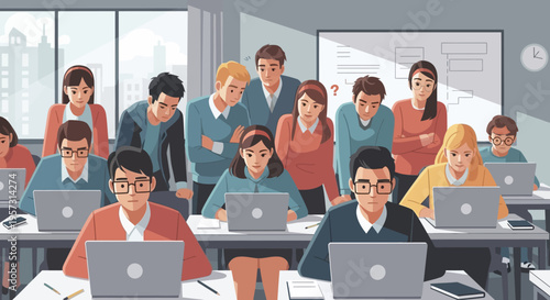 Diverse students or employees collaborate on laptops in a modern classroom or office setting, symbolizing teamwork, shared learning, and problem-solving in a digital age