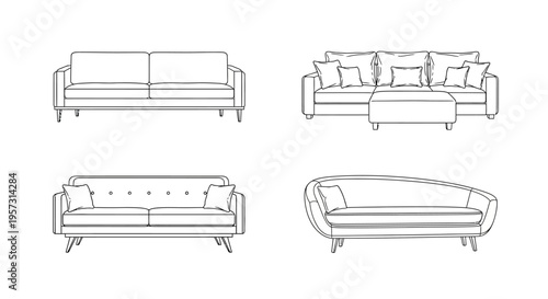 A diverse set of clean line art illustrations featuring modern sofa and couch designs, ideal for interior decor concepts, furniture catalogs, and graphic design projects