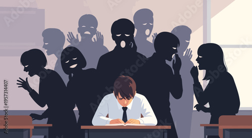 Student struggles with peer pressure and social anxiety, isolated by haunting shadows of bullying in a classroom, depicting emotional distress