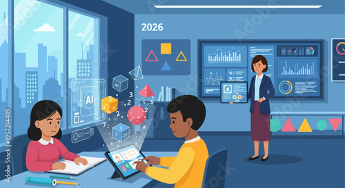 Children Engaging in Digital Learning with Futuristic Technology and Interactive Displays in a Modern Classroom Setting