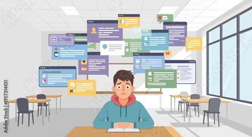 Teenage student overwhelmed by social media notifications and online pressures in a classroom setting
