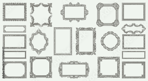Elegant collection of vintage ornamental frames and decorative borders, perfect for antique-inspired design projects and classic graphic layouts, offering a variety of ornate styles
