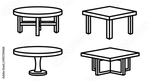 Collection of four distinct table illustrations two round tables and two square tables, presented in a clean line art style on a white background, showcasing minimalist furniture designs
