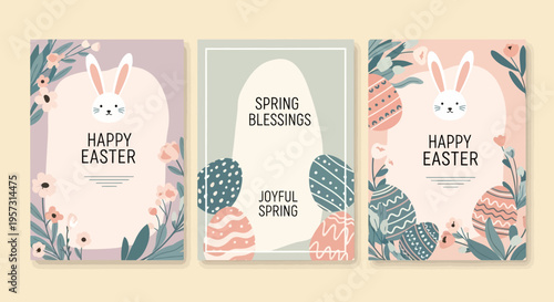Charming pastel illustrations depicting joyous spring festivities with cute bunny motifs and decorated eggs, perfect for seasonal greetings and celebrations