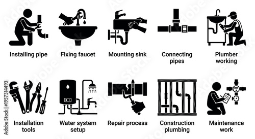 A collection of black and white pictograms illustrating various plumbing tasks, tools, and services for design and informational purposes.