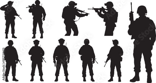 Dynamic vector collection featuring diverse military personnel silhouettes, depicting soldiers in various poses representing national security and unwavering readiness