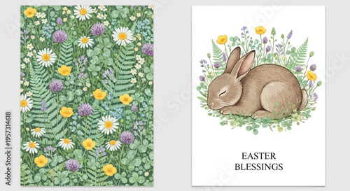 Delicate watercolor illustrations featuring a peaceful sleeping Easter bunny surrounded by vibrant spring wildflowers and a beautiful botanical meadow pattern, perfect for seasonal designs