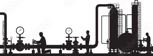 Industrial workers managing vast pipeline networks and operational controls within a processing facility, depicted in a detailed silhouette, highlighting critical energy infrastructure