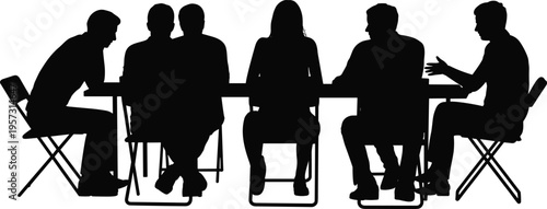 Business team meeting silhouettes, group discussion at table, corporate teamwork concept, office communication, brainstorming session, collaboration, professional people illustration design