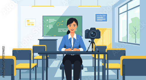 Young Woman Teaching Online From A Classroom Setup With A Camera