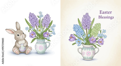 Charming Easter Bunny Holding a Painted Egg Alongside a Vase of Spring Flowers, with a Second Vase of Crocuses and Hyacinths