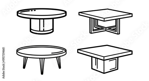 A collection of stylish line art icons featuring various contemporary table designs, perfect for modern interior decor concepts and furniture branding and web elements
