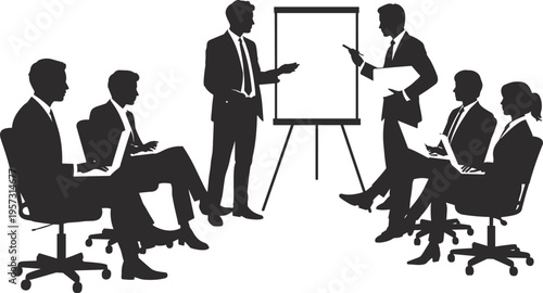 Business meeting presentation with team discussion, corporate training session, office teamwork concept, professional communication, brainstorming strategy, workplace collaboration illustration design