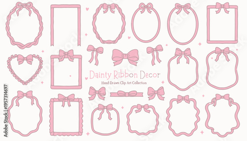 Sweet and Dainty Pink Ribbon-Themed Hand-Drawn Frame and Bow Collection for Elegant Invitations, Scrapbooking, and Festive Decorations