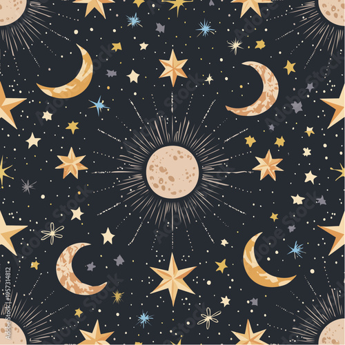 Mystical celestial seamless pattern with a vintage vibe, featuring a radiant sun, crescent moons, and scattered stars on a dark background, evoking a sense of cosmic wonder and enchantment