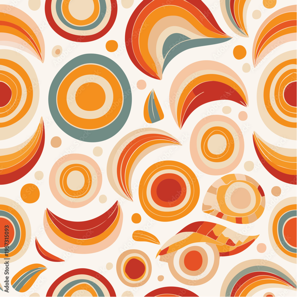 Fototapeta premium Vibrant seamless retro abstract pattern, featuring groovy organic and geometric shapes in a warm 1970s inspired color palette, ideal for textile designs or digital backgrounds