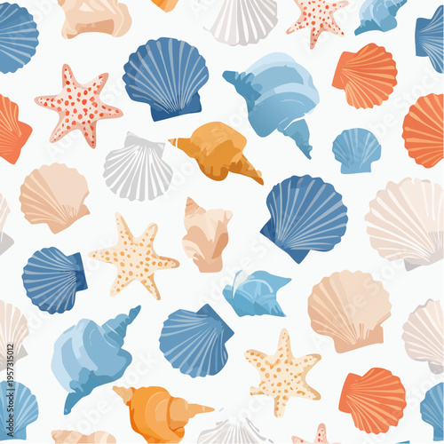Seamless pattern delicate seashells and starfish in soft, blended colors, perfect for modern textile designs, invitations, and coastal-themed decor
