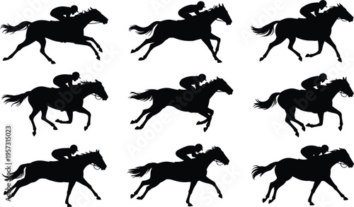 Horse racing silhouettes, jockey riding set, equestrian sport collection, galloping horses, race competition, animal motion, speed action, black vector, racing illustration, dynamic poses