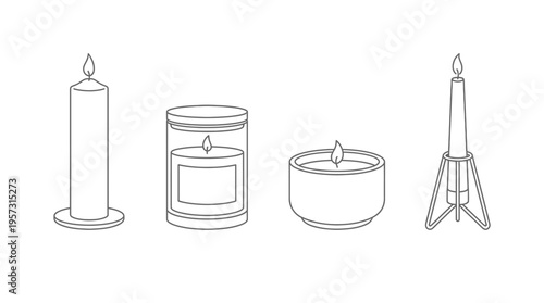 Line art illustration showcasing a variety of burning candles, including pillar, jar, bowl, and taper types with holders.