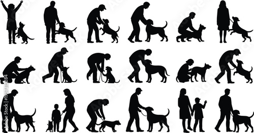 Dog owner silhouettes, pet interaction set, people with dogs, animal care lifestyle, training pets, walking dog, companionship, domestic animals, human bonding, vector collection