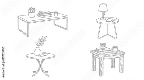 Line art illustration of various home tables including coffee tables and side tables with decorative items.