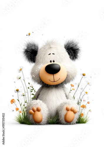 White panda bear sitting among flowers on white background