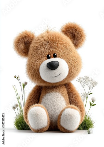 Light brown teddy bear sitting with meadow plants on white