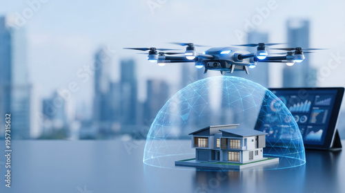 Digital futuristic home insurance property coverage concept protects smart house under drone security shield with modern city skyline background and risk data monitoring on laptop screen
