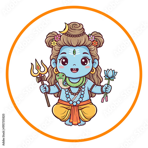 Cute Chibi Lord Shiva Cartoon Illustration with Trishula and Snake