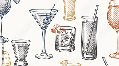Elegant Engraved Seamless Pattern Featuring Classic Cocktail Glasses and Alcoholic Beverage Illustrations for Bar Decor