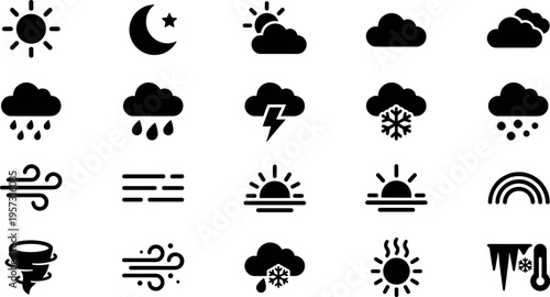 weather icons collection with sun cloud rain thunderstorm snow wind fog rainbow and sky symbols, climate forecast silhouettes vector illustration isolated on transparent background