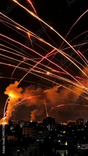 Vertical Video of Missile Streaks Over Dark Urban Skyline at Night