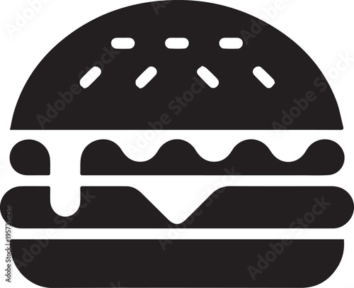 A minimalist black and white vector icon of a classic cheeseburger with a sesame seed bun top