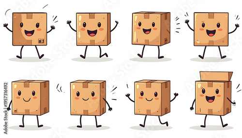 Cute Cartoon Box Character Set with Happy Expressions and Walking Poses, Delivery Package Mascot Illustration for Logistics Shipping and E Commerce Design