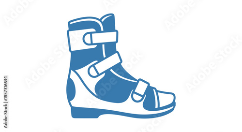 Blue orthopedic walking boot with straps, medical footwear for injury recovery, isolated on white